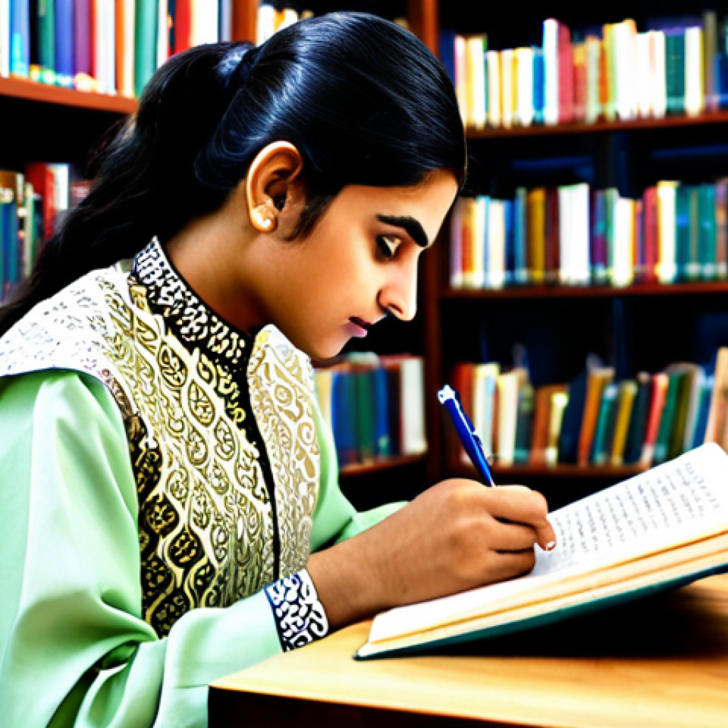 The Determined Learner**
* Prompt: "A Pakistani student, diligently studying English grammar books at a desk in a brightly lit library, wearing traditional shalwar kameez, with Urdu calligraphy art visible in the background, fully clothed, appropriate attire, safe for work, perfect anatomy, natural proportions, professional illustration, high quality."
**
