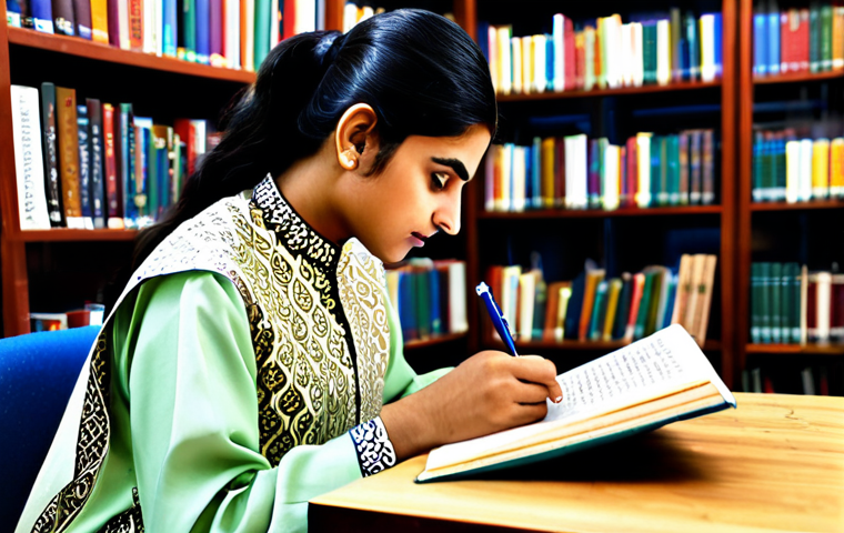 The Determined Learner**
* Prompt: "A Pakistani student, diligently studying English grammar books at a desk in a brightly lit library, wearing traditional shalwar kameez, with Urdu calligraphy art visible in the background, fully clothed, appropriate attire, safe for work, perfect anatomy, natural proportions, professional illustration, high quality."
**