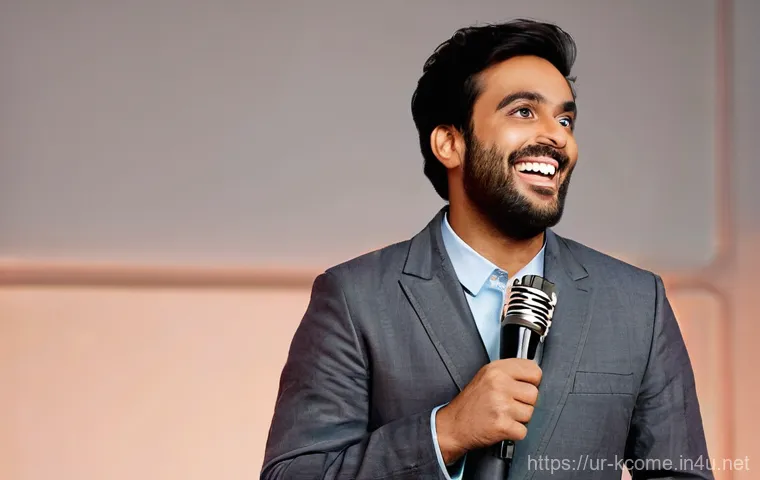 최효종 풍자 개그의 의미 - **Prompt 1: The Reflective Comedian**
"A male comedian in his late 30s, of South Asian descent, ...